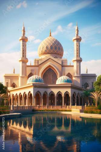 Islamic architecture exterior, mosque. Generative AI © Sunshower Shots