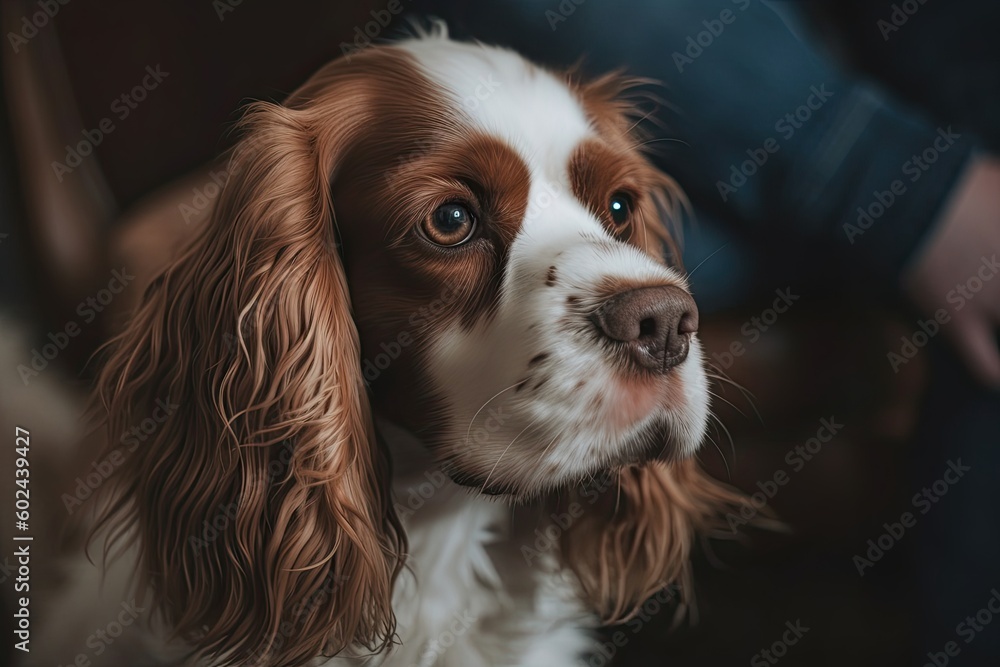 Companionable Care: Adorable Spaniel Petted by Unrecognizable Owner While Sitting at Home. Generative AI