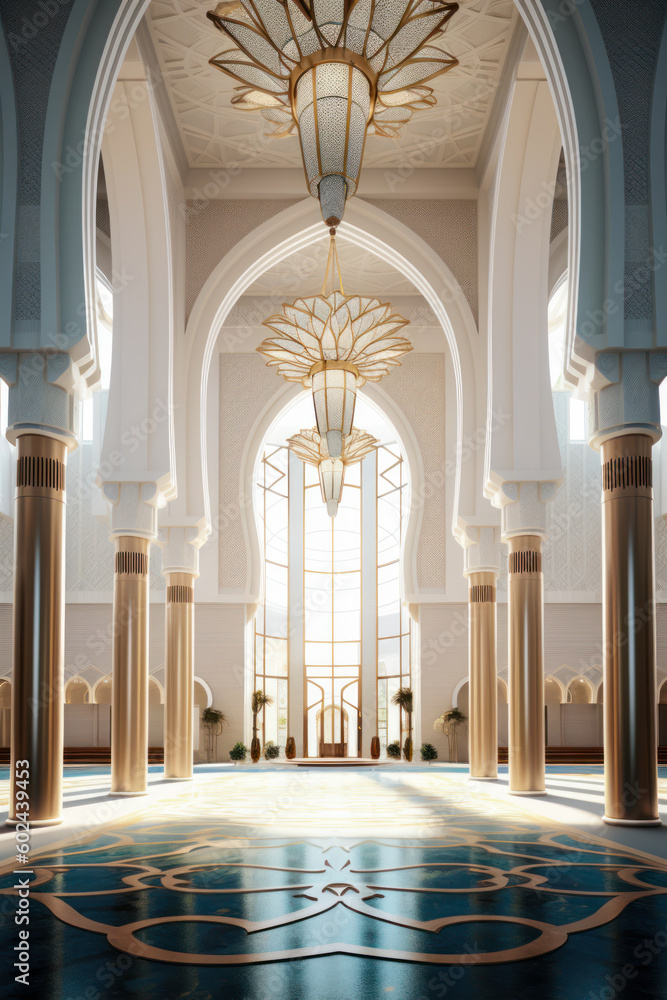 Islamic architecture interior, mosque, palace. Generative AI Islamic architecture interior, mosque, palace. Generative AI