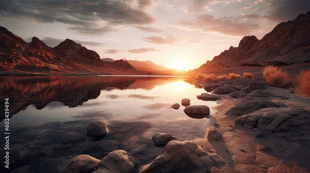 Sundown Bliss: Spectacular 8K Lake Landscape Desktop Wallpaper: Generative AI