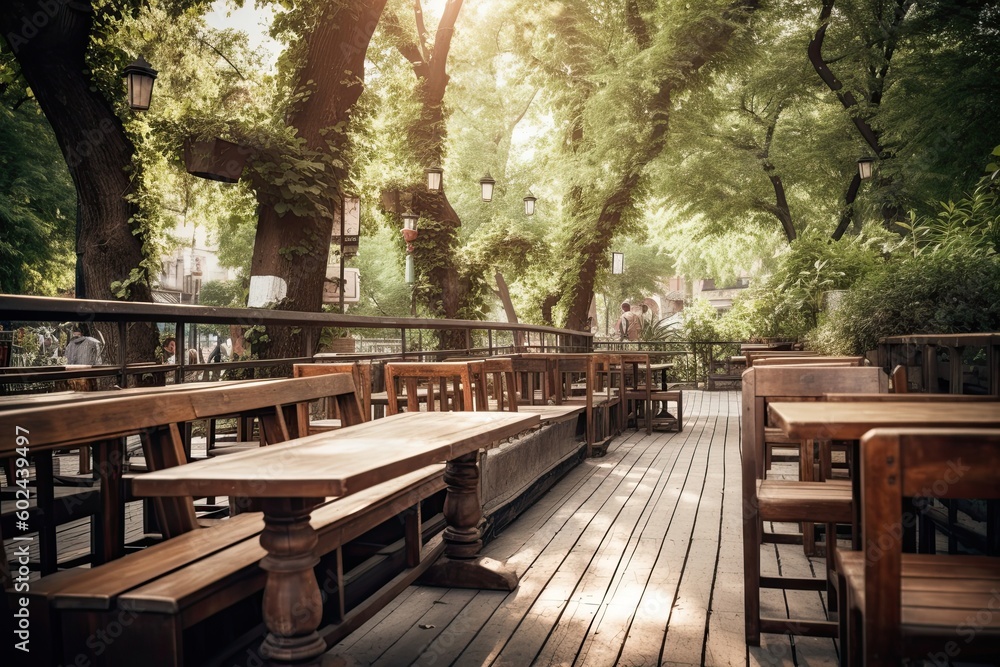 Summertime Fun On The Modern Terrace of a Beautiful Forest Restaurant: Enjoying Breakfast, Lunch, Dinner, or Drinks: Generative AI