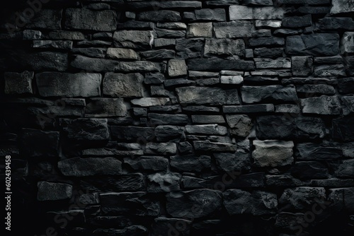 Grungy Black Rough Stone Brick Wall: An Ancient & Abandoned Textured Panorama: Generative AI