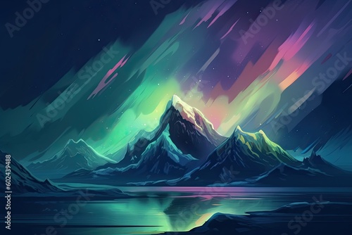 Spectacular Northern Lights Dancing in the Sky Above Majestic Mountains: Generative AI