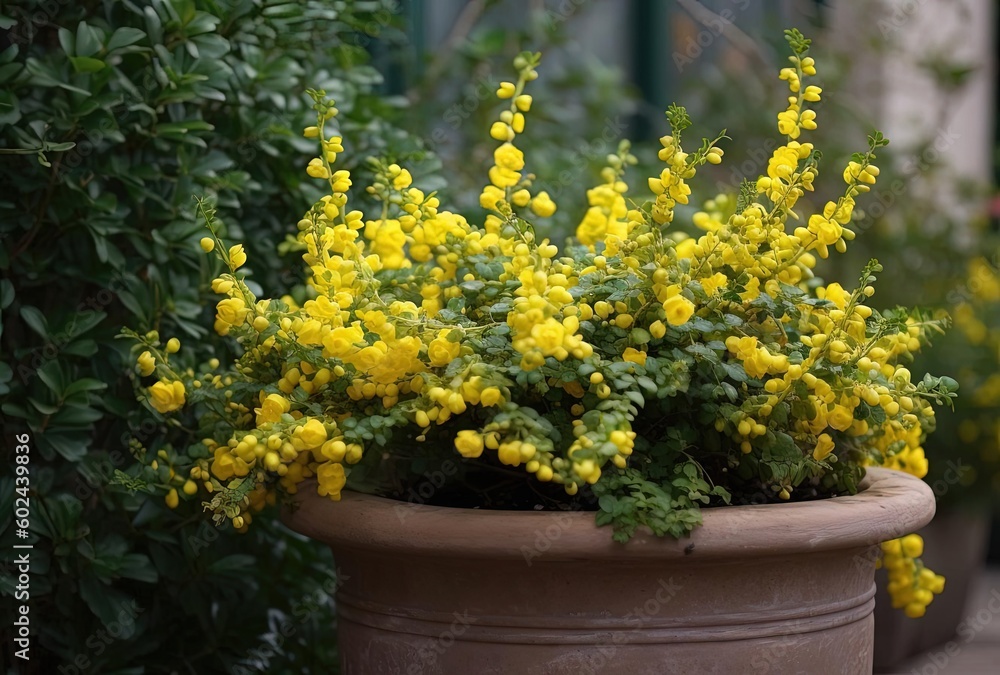 the yellow flowers are in a pot sitting outside, generative ai