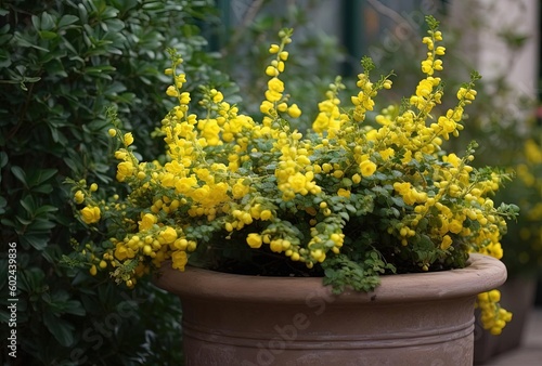 the yellow flowers are in a pot sitting outside, generative ai