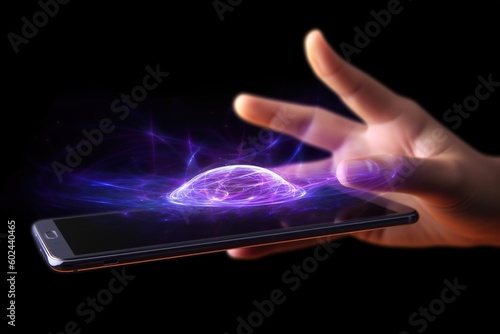A smartphone in a person's hand that emits invisible electromagnetic waves. Generative AI.
