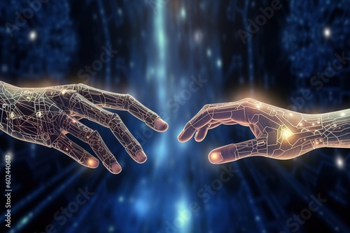 Hands of robot and human touching on big data network connection background. Generative AI.