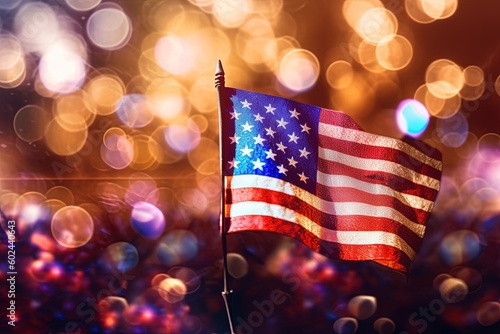American flag against a glittering bokeh background. Generative AI.
