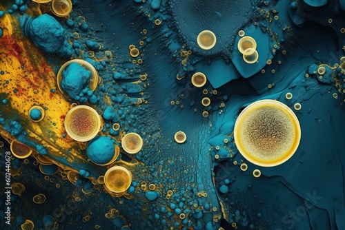 Bacteria close up, blue and yellow color. Generative AI.