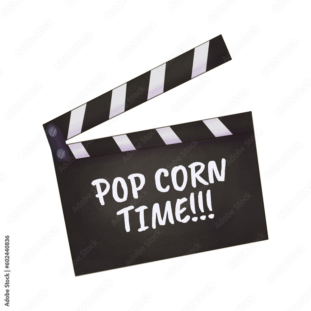 Naklejka premium Icon movie clapper board and film Pop corn time on it