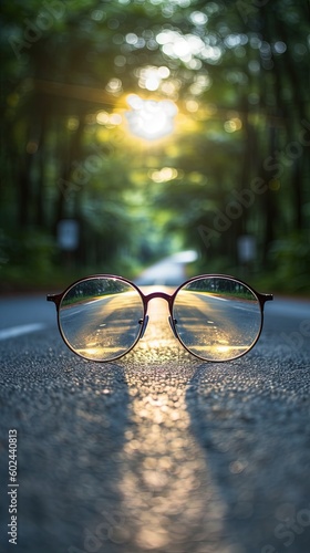 A road leading to a source of light behind an eyeglasses, with blur background. Generative AI.