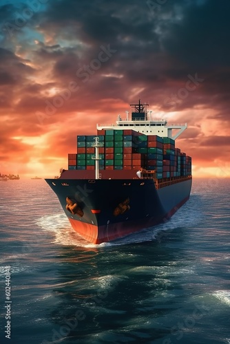 Container ship on ocean. Generative AI.