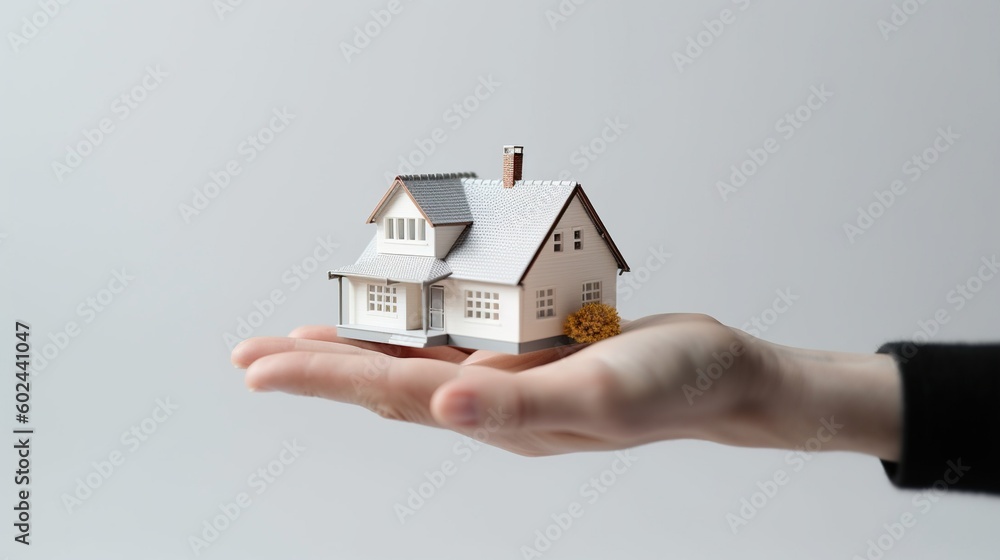 Hand presenting model house. Generative AI. Hand presenting model house. Generative AI.