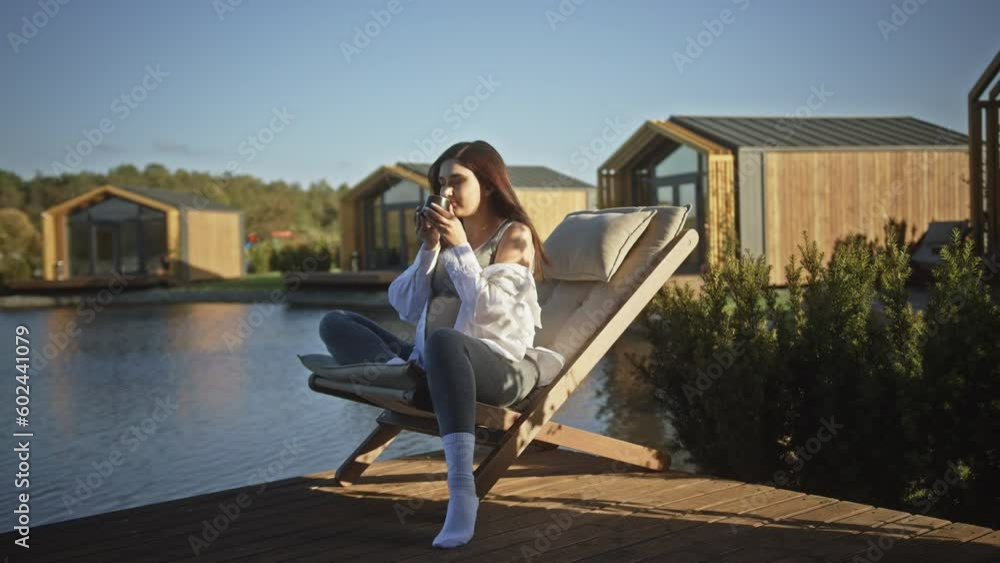 Young calm pregnant woman drinking tea on pier Young calm pregnant woman drinking tea on pier