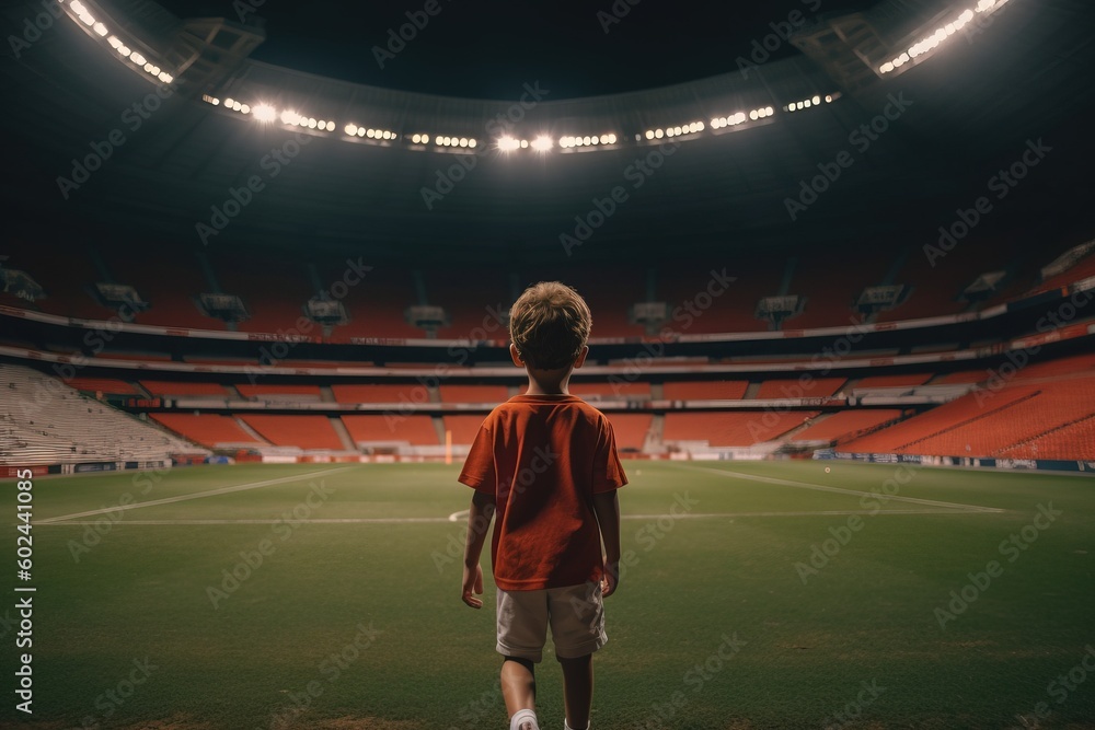 Little boy in a soccer jersey walking through the soccer stadium. Generative AI.