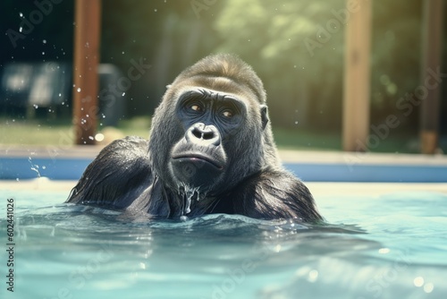 Gorilla playing in swimming pool. Generative AI.