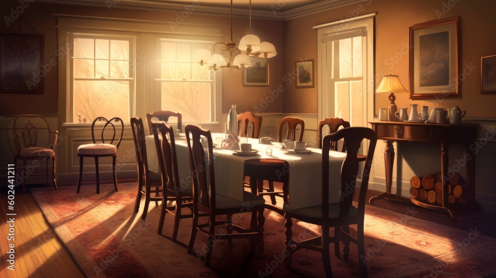 Dining room - A room in a house where meals. AI generated