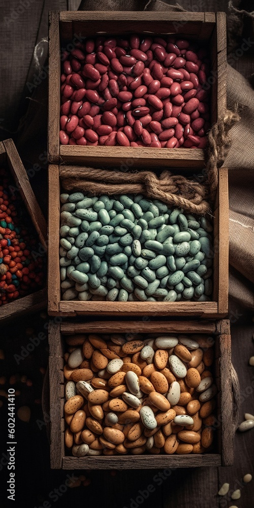 Top view of different beans in small wooden cages. Generative AI. Top view of different beans in small wooden cages. Generative AI.