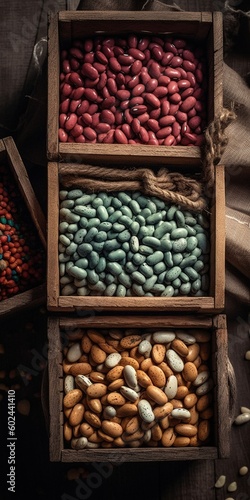 Top view of different beans in small wooden cages. Generative AI.