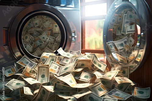 Washing money in a washing machine. Money laundering. Generative AI. photo