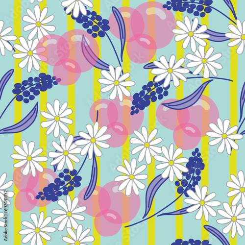 Pink Bubbles, White Daisies, Dark Blue Flowers and Yellow Stripes on a Teal Background