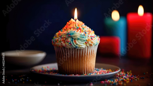 Freshly baked fluffy cupcake with a lighted candle on top  decorated with a smooth and creamy glaze with several small multicolored inclusions on top. Generative AI