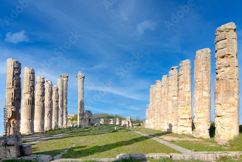 With blue sky,High resolution panoramic view Zeus temple at Uzuncaburc Ancient city located in Uzuncaburc,Silifke,Mersin,Turkey.