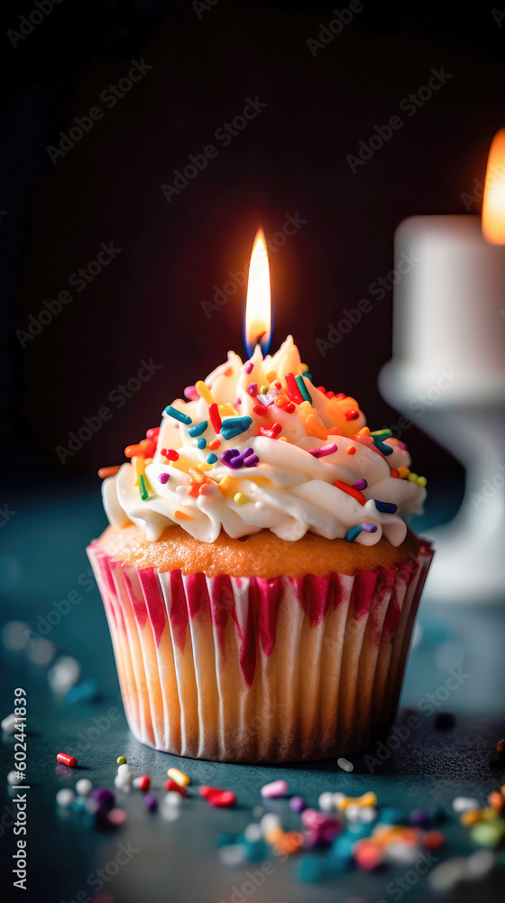 Freshly baked fluffy cupcake with a lighted candle on top, decorated with a smooth and creamy glaze with several small multicolored inclusions on top. Generative AI Freshly baked fluffy cupcake with a lighted candle on top, decorated with a smooth and creamy glaze with several small multicolored inclusions on top. Generative AI