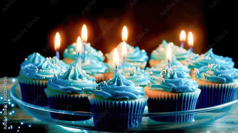 Freshly baked fluffy cupcake with a lighted candle on top, decorated with a smooth and creamy glaze with several small multicolored inclusions on top. Generative AI Freshly baked fluffy cupcake with a lighted candle on top, decorated with a smooth and creamy glaze with several small multicolored inclusions on top. Generative AI