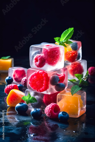 Fresh fruits frozen in ice cubes. Fresh healthy summer eating. Ai generative