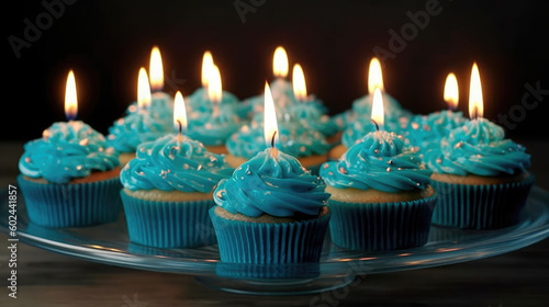 Freshly baked fluffy cupcake with a lighted candle on top, decorated with a smooth and creamy glaze with several small multicolored inclusions on top. Generative AI