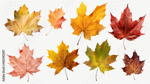 Autumn Splendor  Bright and Colourful Maple Leaves Isolated on White Background. Generative AI