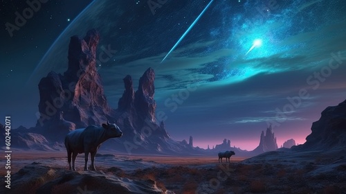 Mysterious Space Encounter: Alien Cows on an Unknown Planet Under a Futuristic Star-Filled Sky: Generative AI