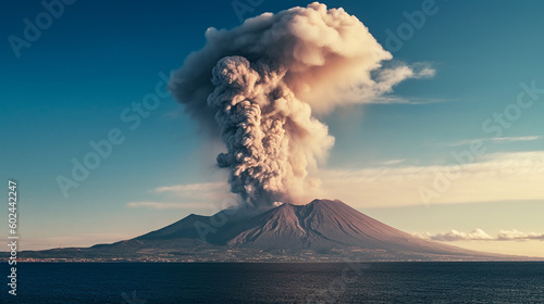 volcanic eruption, smoke rising, fictitious place