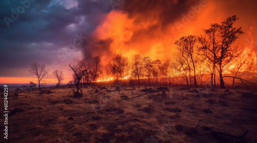forest fire, climate change or an illegal fire or fire pit or arson in dry surrounding grass at sunset in rural area © wetzkaz