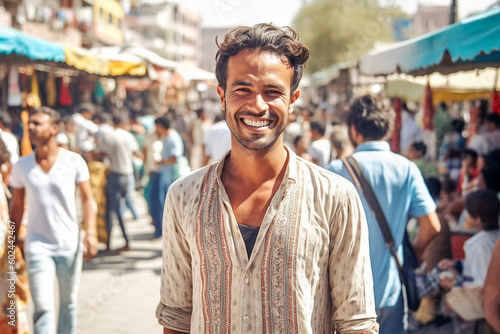 young adult man, walking on a street in leisure or vacation in sunny good weather, smiling, fictional place