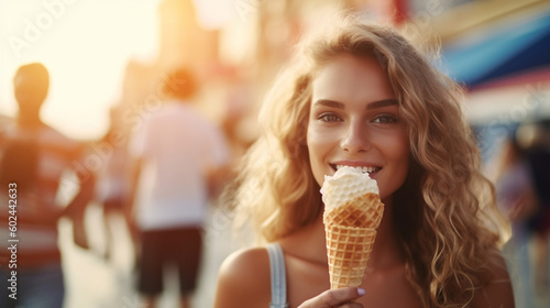 young adult woman with long hair holding an ice cream cone with ice cream in her hands  outdoors in summer in leisure time