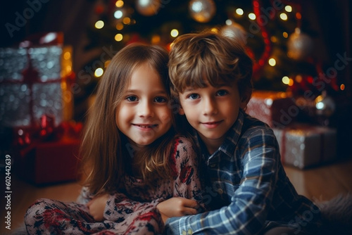 two kids, boy and girl cuddling,, sibling love between siblings on christmas with christmas presents and christmas tree in evening