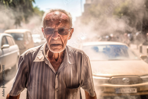 unbearable heat in a big city on a street, old man is sweaty and in a bad mood or is exhausted, climate change and high temperatures