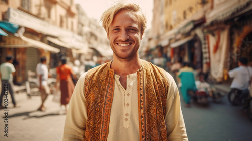 young adult caucasian man in a side street in the arabic region, fictional place, tourist in the old town © wetzkaz