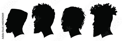 Silhouettes of African American men part 2, profile with various hairstyles, contour on white background. Vector illustration