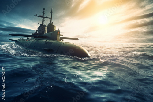 military nuclear submarine, wartime combat boat, in the ocean, fictional location