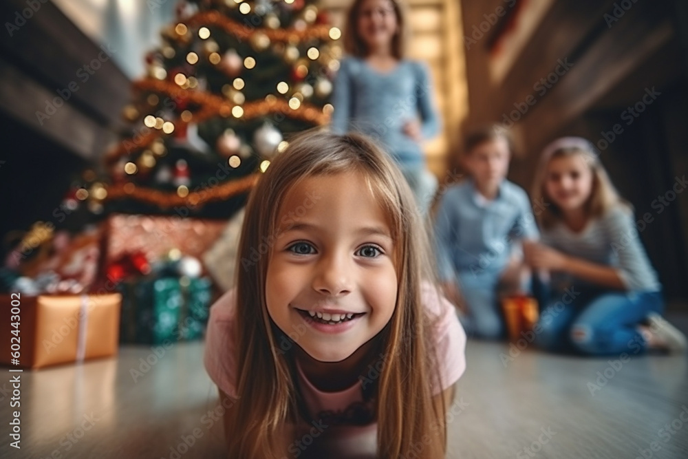 Fototapeta premium christmas in the living room, toddler, girl sitting on the floor in front of a christmas tree with christmas presents, family and siblings on christmas eve
