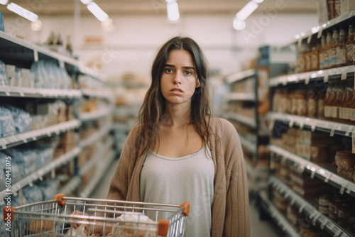 adult mature woman with shopping cart in supermarket at product rule having bad mood or negative mood, listless annoyed disappointed face expression photo