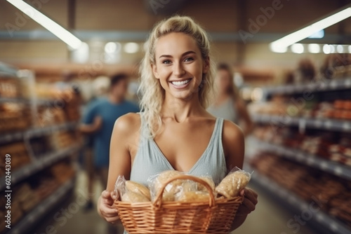 young adult woman in supermarket shopping photo