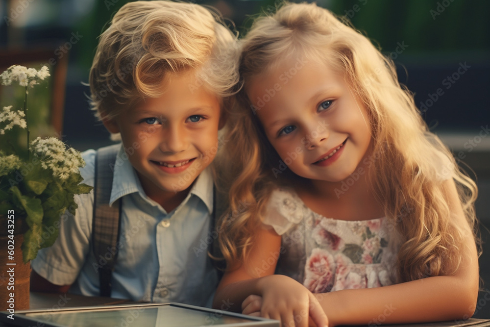 two happy kids, toddler, girl and boy, siblings or friends next to each other in free time two happy kids, toddler, girl and boy, siblings or friends next to each other in free time