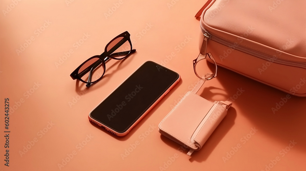 A phone, glasses, wallet and a bag, on an orange background, top view, mock up phone blank screen. Generative AI