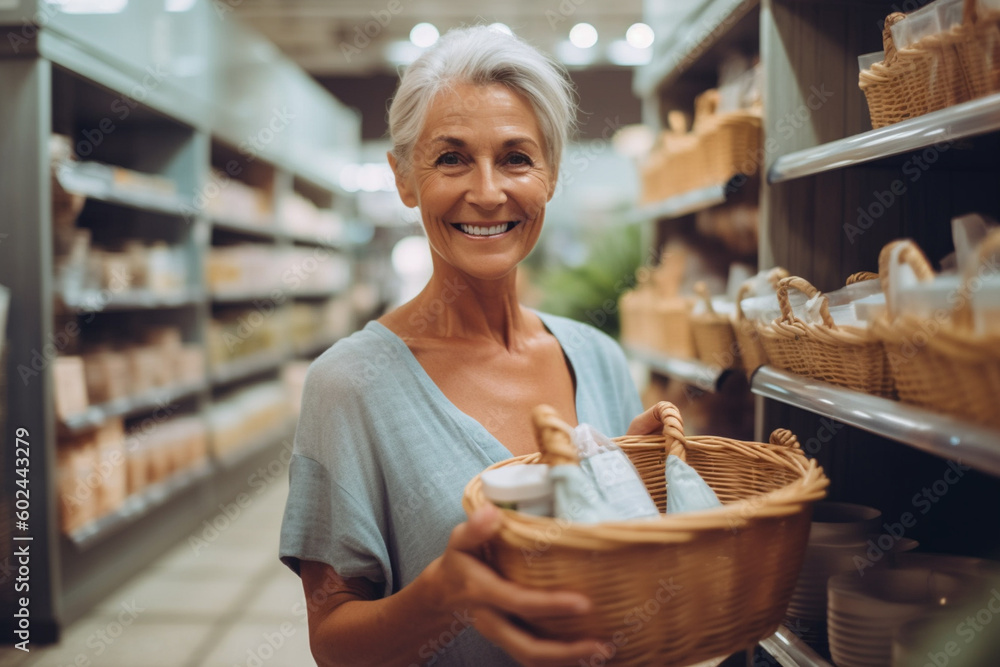mature adult woman in a supermarket between two product shelves, smiling happy, blonde caucasian