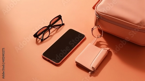 Obraz na płótnie A phone, glasses, wallet and a bag, on an orange background, top view, mock up phone blank screen. Generative AI w salonie