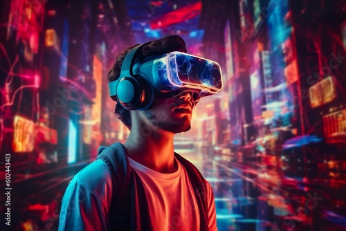 Futuristic Exploration: Young Man in Neon-Lit VR Simulation. Generative AI